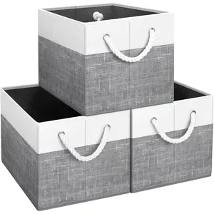 Fab totes Storage Bins 3-Pack, Foldable Storage Baskets for Organizing Toys, Books, Shelves, Closet, Large Storage Box with Rope Handles, Sturdy Organizer Bins, White & Grey