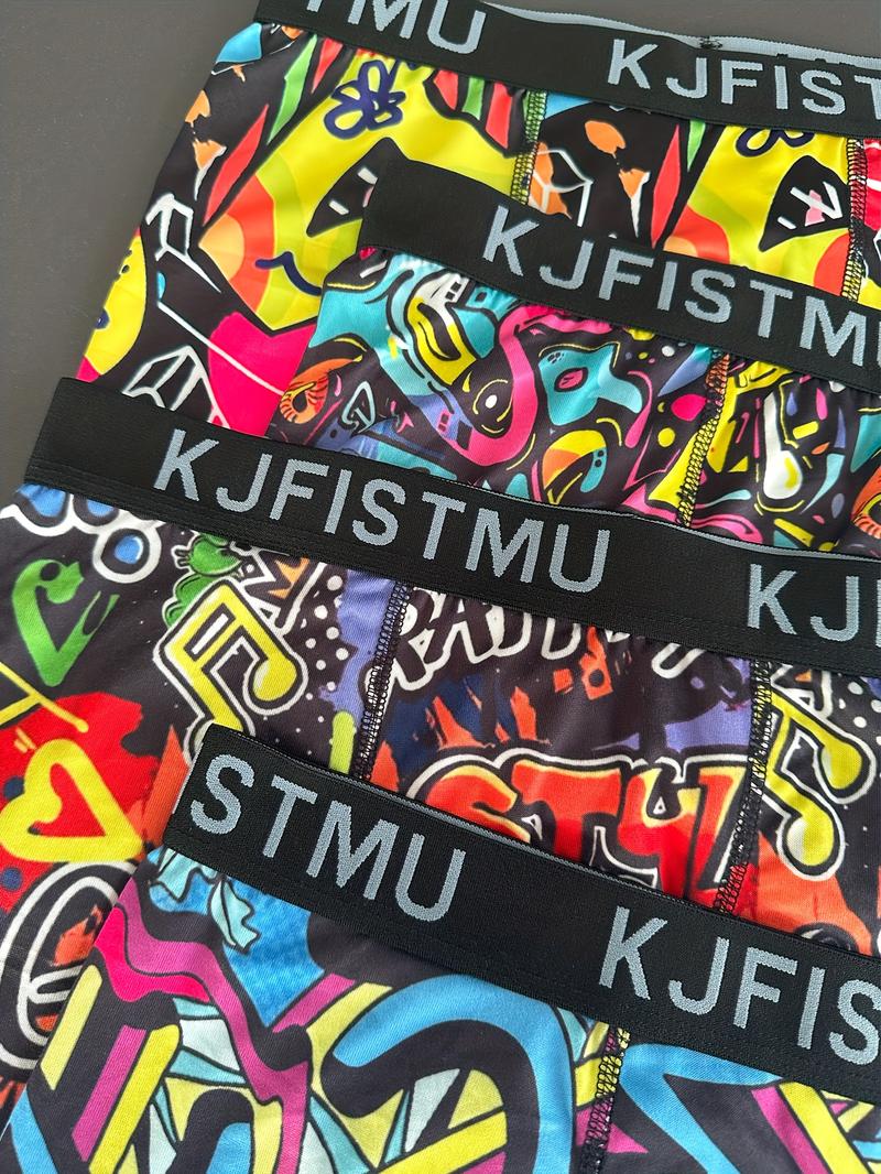 4pcs Men's Boxer Panties (KJFISTMU) – trendy printed, hot fashion. Soft, comfortable, breathable, Ideal as personalised gifts, casual daily essentials. Stylish, fashionable undergarments in multipack. Features curved zipper closure. Menswear Socks