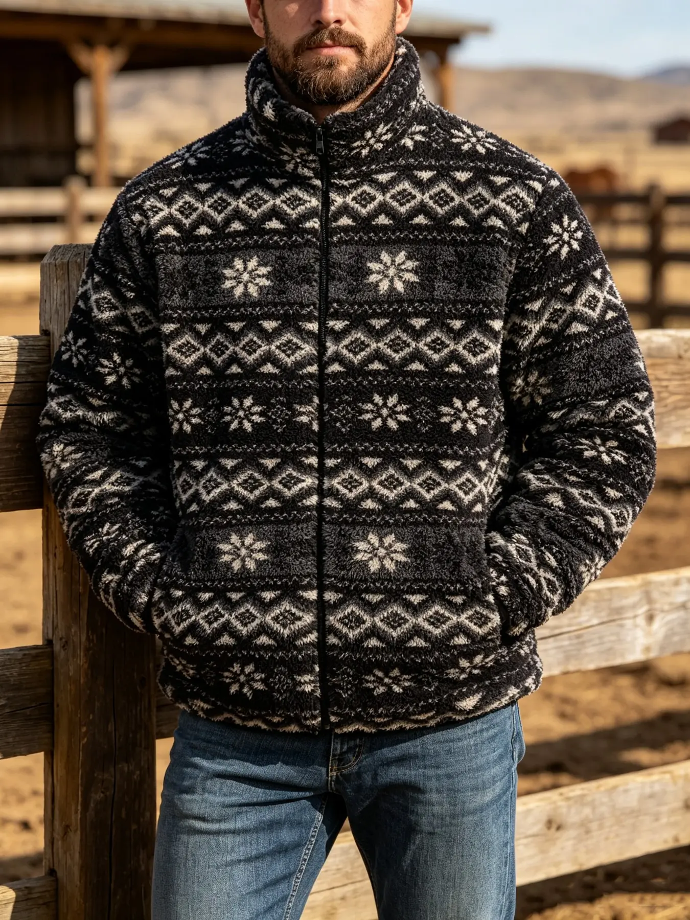 Men Retro Snowflake Fair Isle Fleece Jacket, Full Zip Stand Collar Warm Sherpa Coat, Loose Vintage Winter Casual Streetwear Outerwear