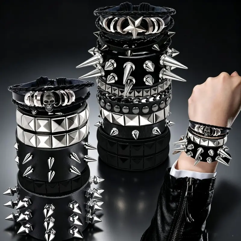12Pcs Handmade PU Leather Wide Spiked Cone Rivet Bangles - Punk Gothic Biker Rock Bracelets Suitable for Men & Women, Year-Round Wear for Parties, Daily Outfits, Edgy Gift for Biker Rock Style
