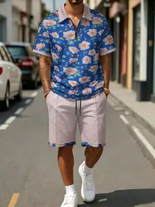 Men's Printed Zipper Short Sleeve Shirt Set, Two-Piece Summer, Stylish Casual Wear, Perfect for Warm Weather