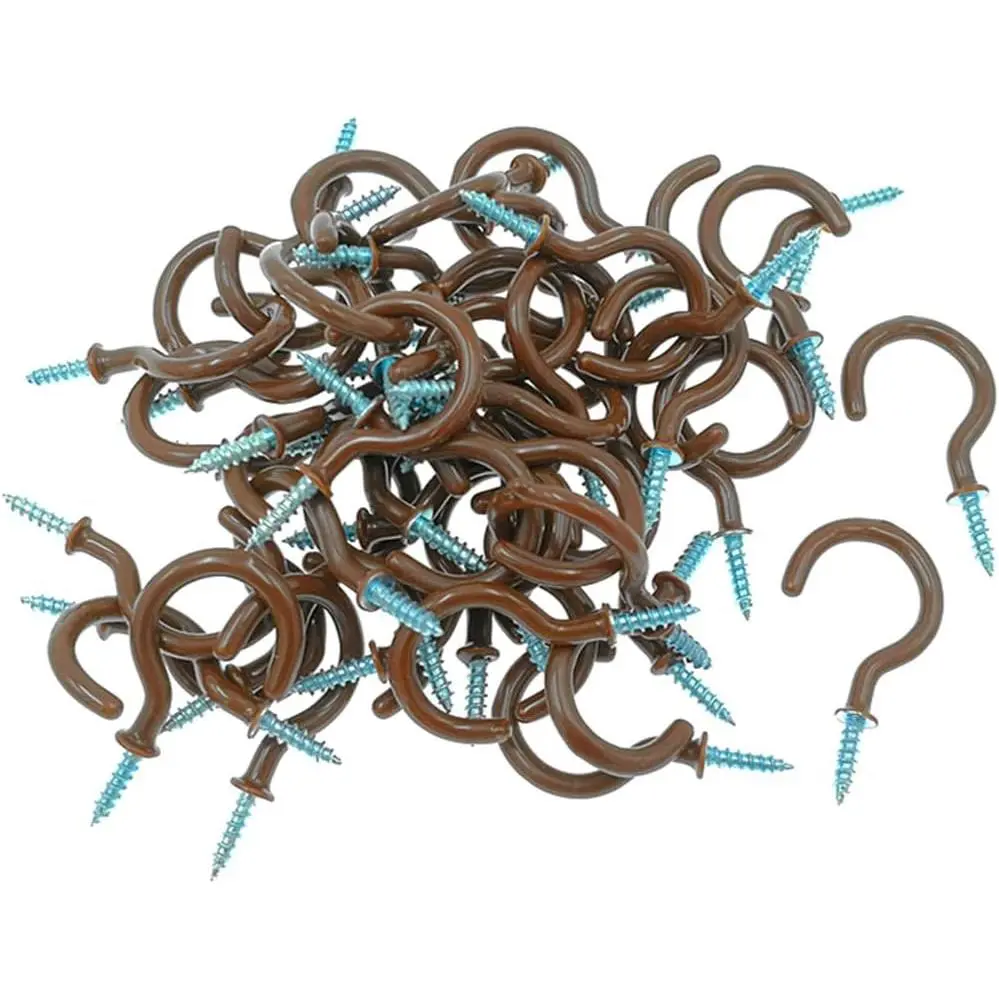 Cup Ceiling Hooks,Medium Size Vinyl Coated Screw-in Open Hooks Hangers(50pcs,1.25 inches,Brown)
