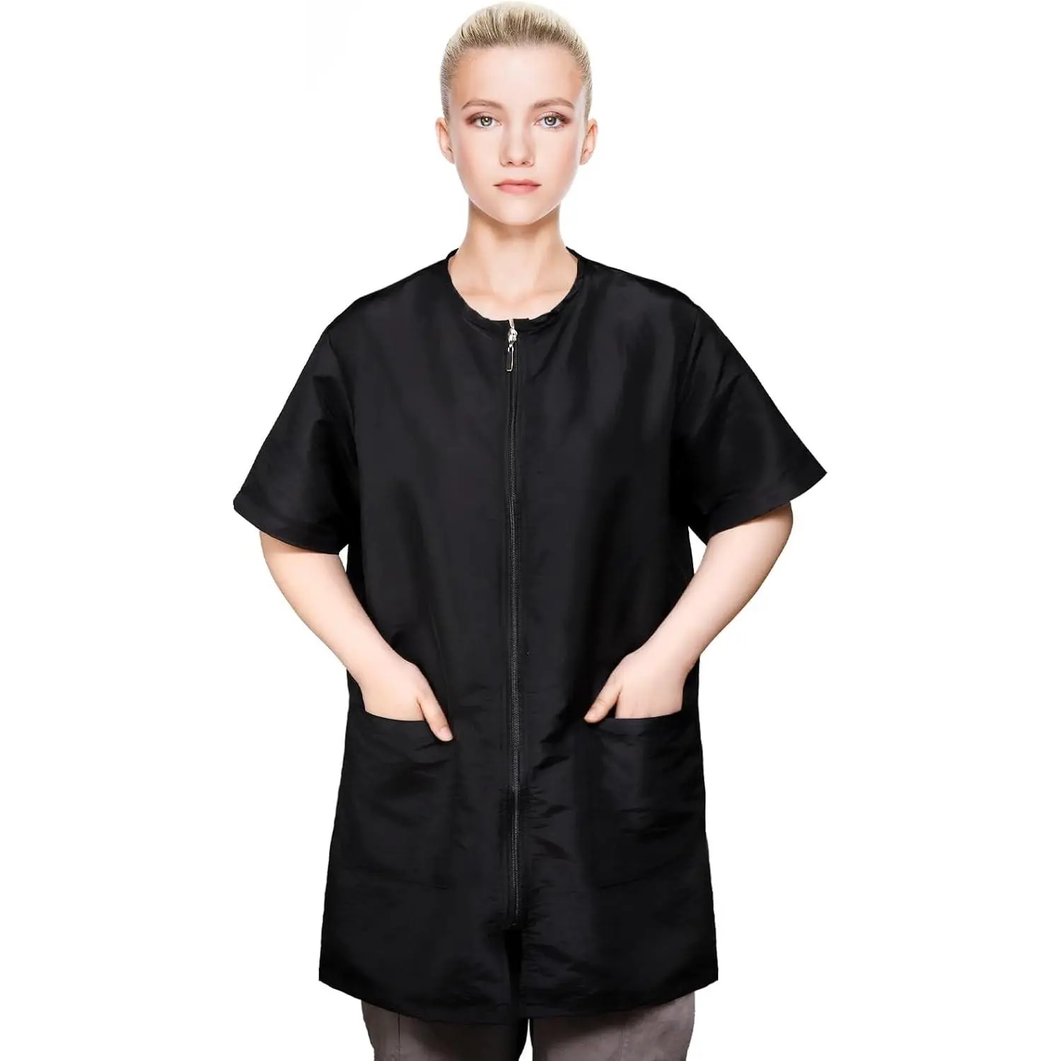 Waterproof Pet Grooming Workwear, Short Sleeves Dog Groomer Smock, Anti Static Baber Uniform with Full Zipper & Pocket