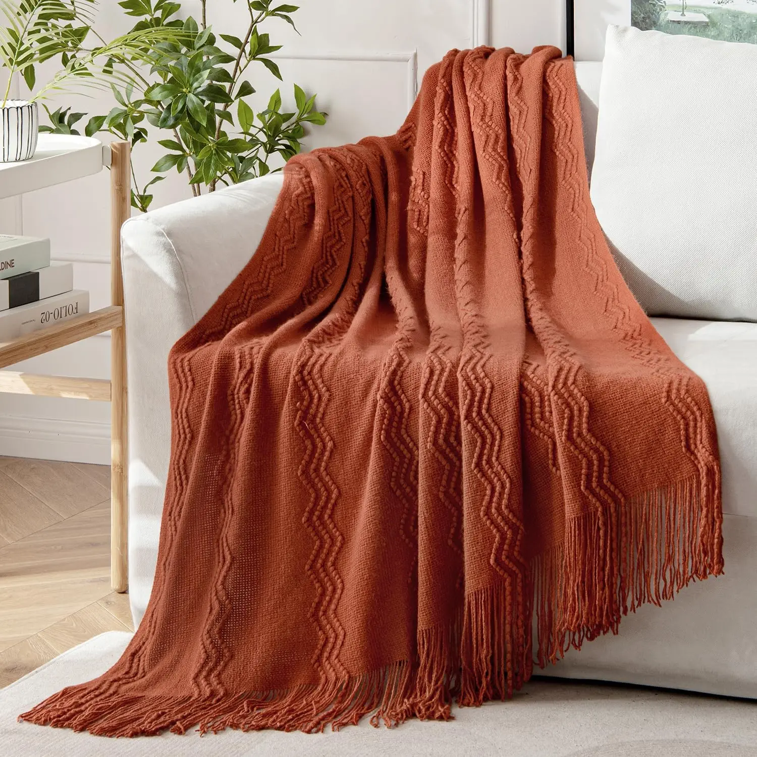 Fall Rust Knitted Throw Blanket for Couch Boho Terracotta Textured Cozy Woven Blanket with Tassels for Sofa Chair Bed Living Room  Wave  60"x80"