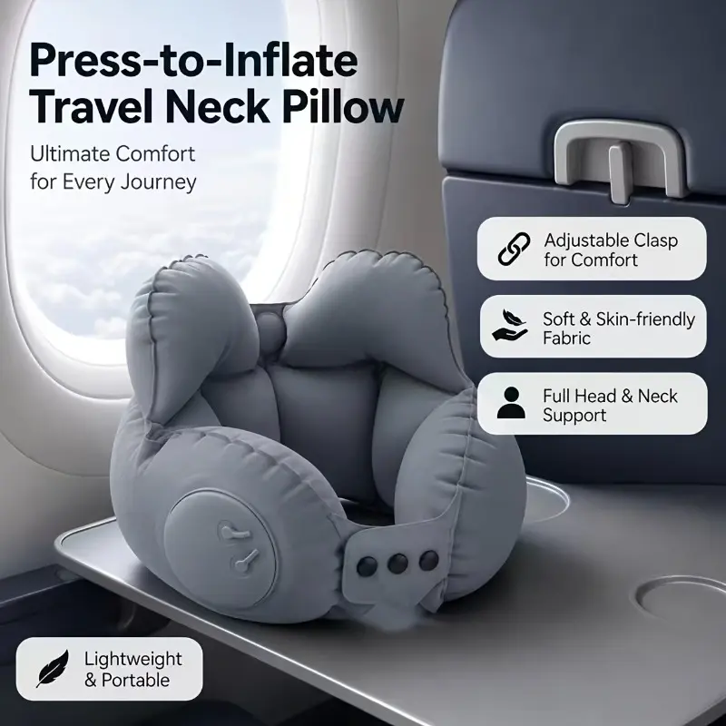A portable cervical support pillow for travel, compressible inflatable neck pillow, compressible air cushion, travel neck pillow, nap pillow, airplane pillow, Neck Rest Cushion, Supportive Head Cushion