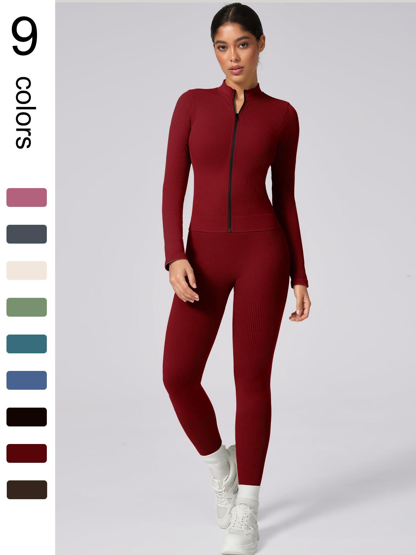 Women's Plain Tracksuit Set, Sports Zip Up Crop Jacket & High Waist Leggings, Ladies Spring & Fall Clothes, Gym Wear, Yoga Suit Outdoor