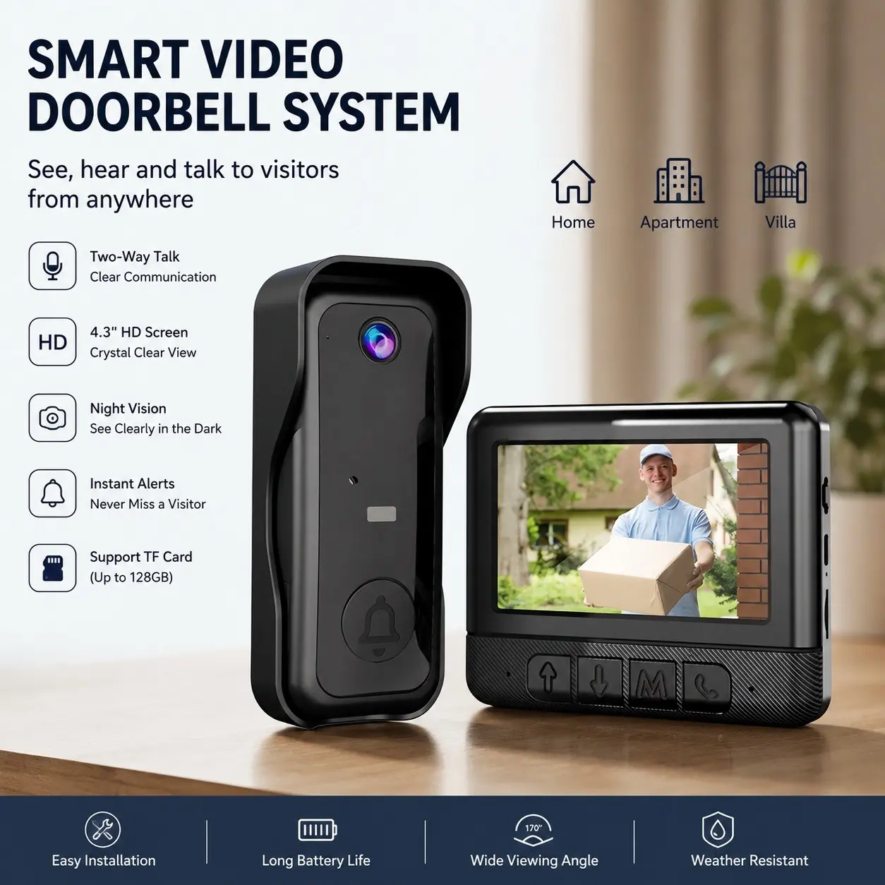 Smart Video Doorbell with 4.3 Inch Color Screen, HD Video Intercom, Two Way Audio, Long Battery Life, Wireless Doorbell Camera, No WiFi Required, Easy Tabletop Installation