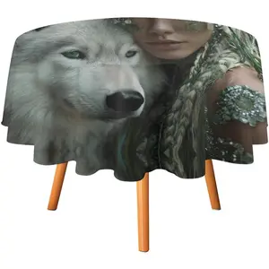 Beauty and Wolf Tablecloth Round Table Cloth Washable Tabletop Desk Cover Printed Party Decor