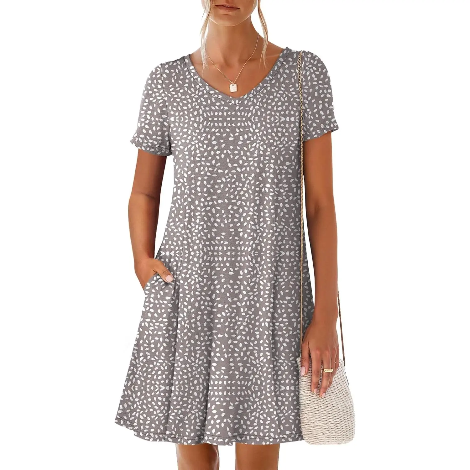 Women's Casual V-Neck T-Shirt Dress, Short Sleeve Boho Floral Print A-Line Sundress, Summer Cocktail Mini Dress with Pockets, Shortsleeve, Swing, Elastane, Beach, Daily, Jacket, Cold Wash, Do Not Bleach, Evening