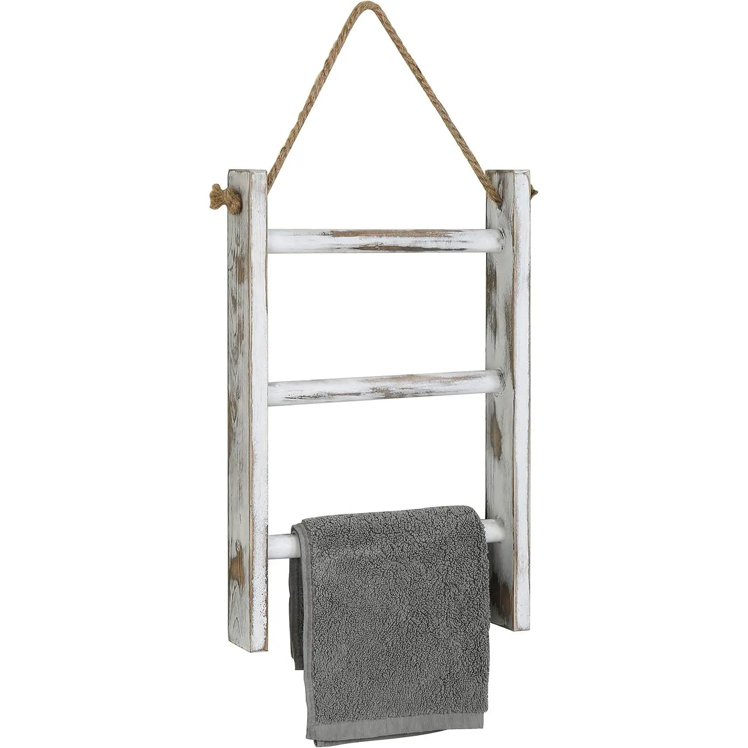 Rustic Hand Towel Holder, Whitewashed Solid Wood Farmhouse Bathroom Decor, Small Blanket Ladder for Home Decor, Wall Mounted Towel Rack for Shabby Chic Decor