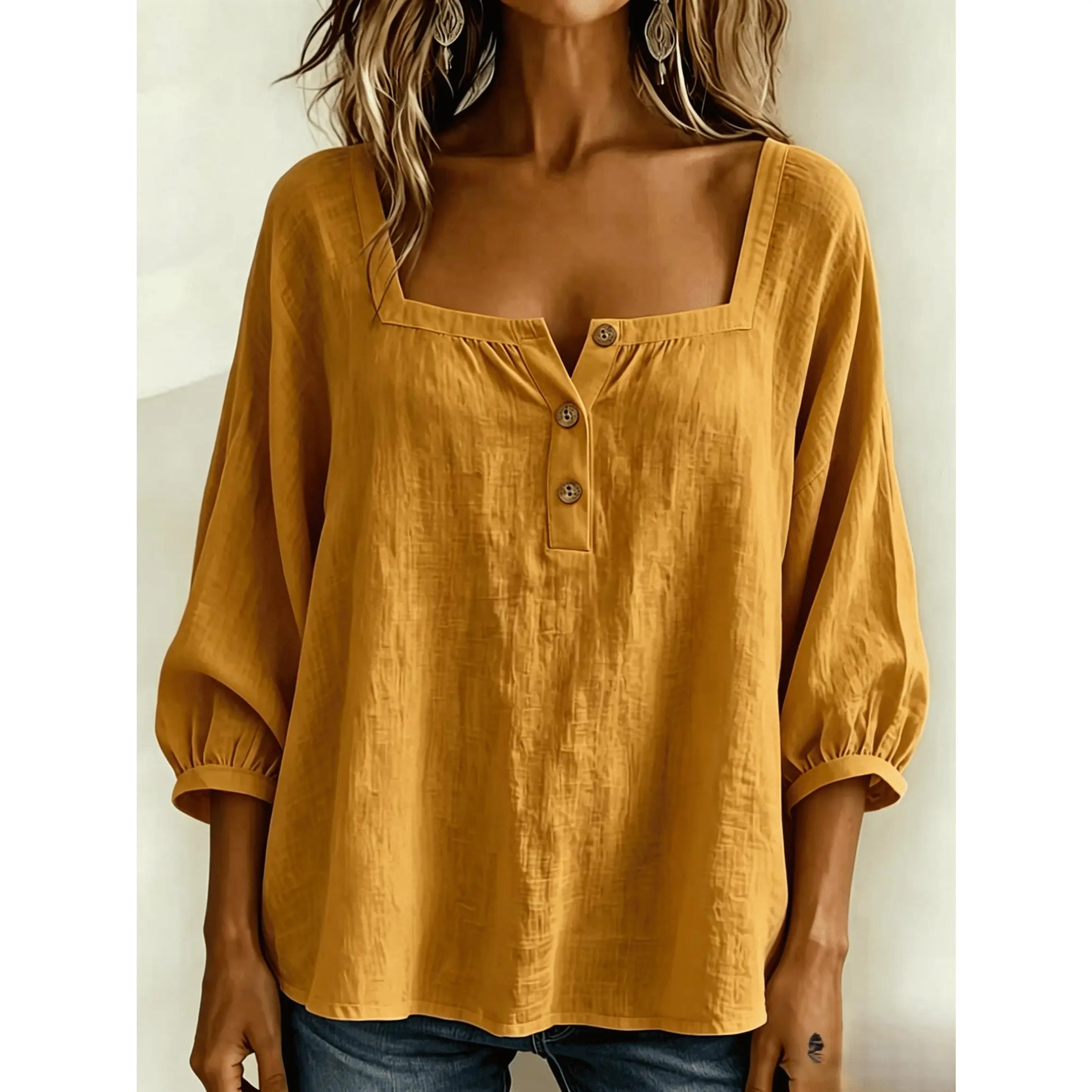 Women's Casual Blouse - Square Neck, 3/4 Balloon Sleeve, Loose Fit Henley Tunic Tops for Work, Vacation & Daily Wear