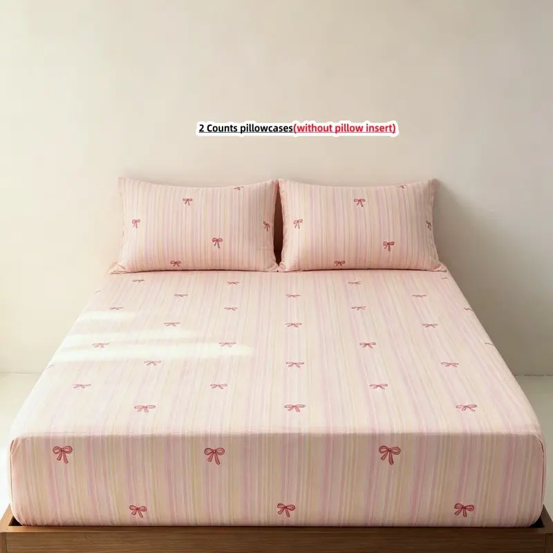 3pc Cute Bow Fitted Sheet Set, Includes 1 Fitted Sheet and 2 Pillowcases, without pillow insert，Soft and Breathable Mattress Protector, Bedding Essentials, Comfy Bed Sets