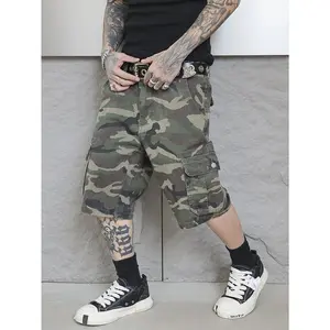 Men's Golden Vibe Jungle Camouflage Denim Cargo Shorts - Wide-Leg Fabric-Drape Tactical Jorts with Multi-Pockets, Retro Loose-Fit Summer Casual Skater Workwear Bottoms