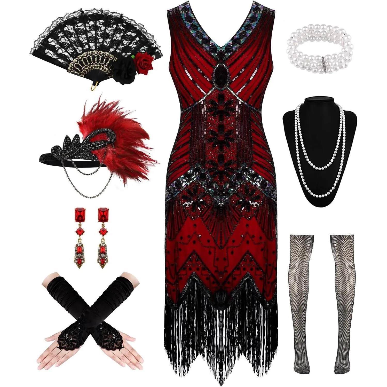1920s Flapper Dress for Women with Lace Fan Feather Headband Sequins Beads Fringes, Vintage 20s Mafia Costume Accessories(Gift)