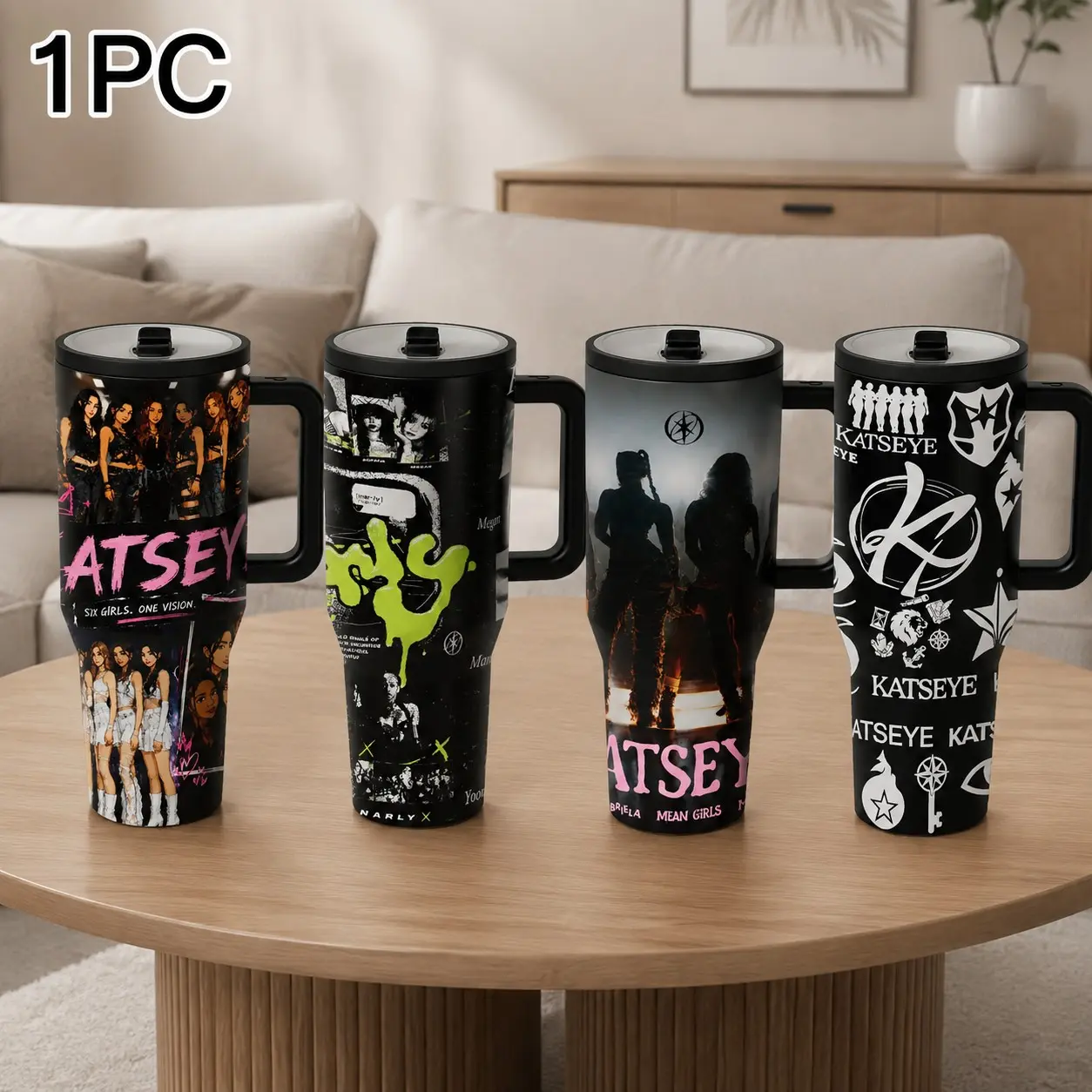 1 Pc 40oz KATSEYE Kpop Girl Group Tumbler with Handle, Double Wall Vacuum Insulated Stainless Steel Travel Mug, Keeps Drinks Cold 24H & Hot 12H, Aesthetic Music Fan Coffee Cup, Cute Gift for Teens, Girls, Fans, School, Halloween & Daily Use