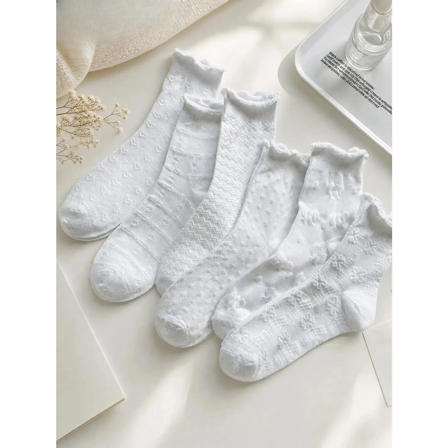 6 Pairs Random Women's Ruffle Fashion Mid-Calf Socks, Sweet Pure Style, Breathable Thin Socks for All Seasons, Versatile Comfort Socks, Soft Socks