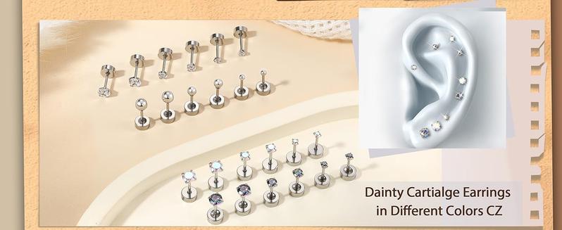 CASSIECA 12Pairs 20G Stainless Steel CZ Stud Earrings for Women Men Cartilage Helix Earrings Set Round Cubic Zirconia Screw Flat Back Stud Piercing