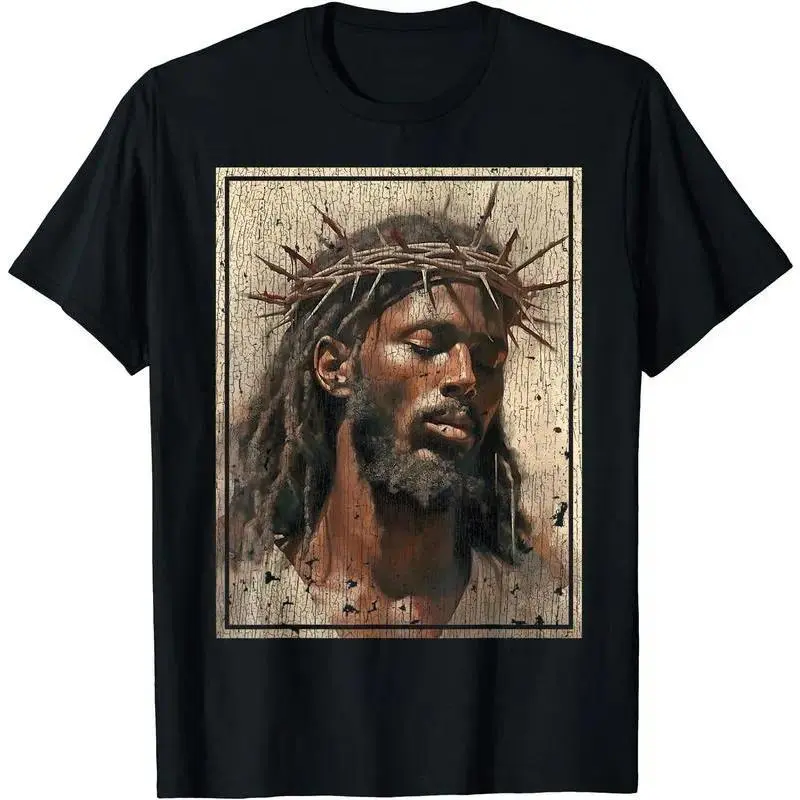 Black Jesus Shirt Face Of Jesus Cross With Crown Of Thorns T-Shirt Streetwear Classic