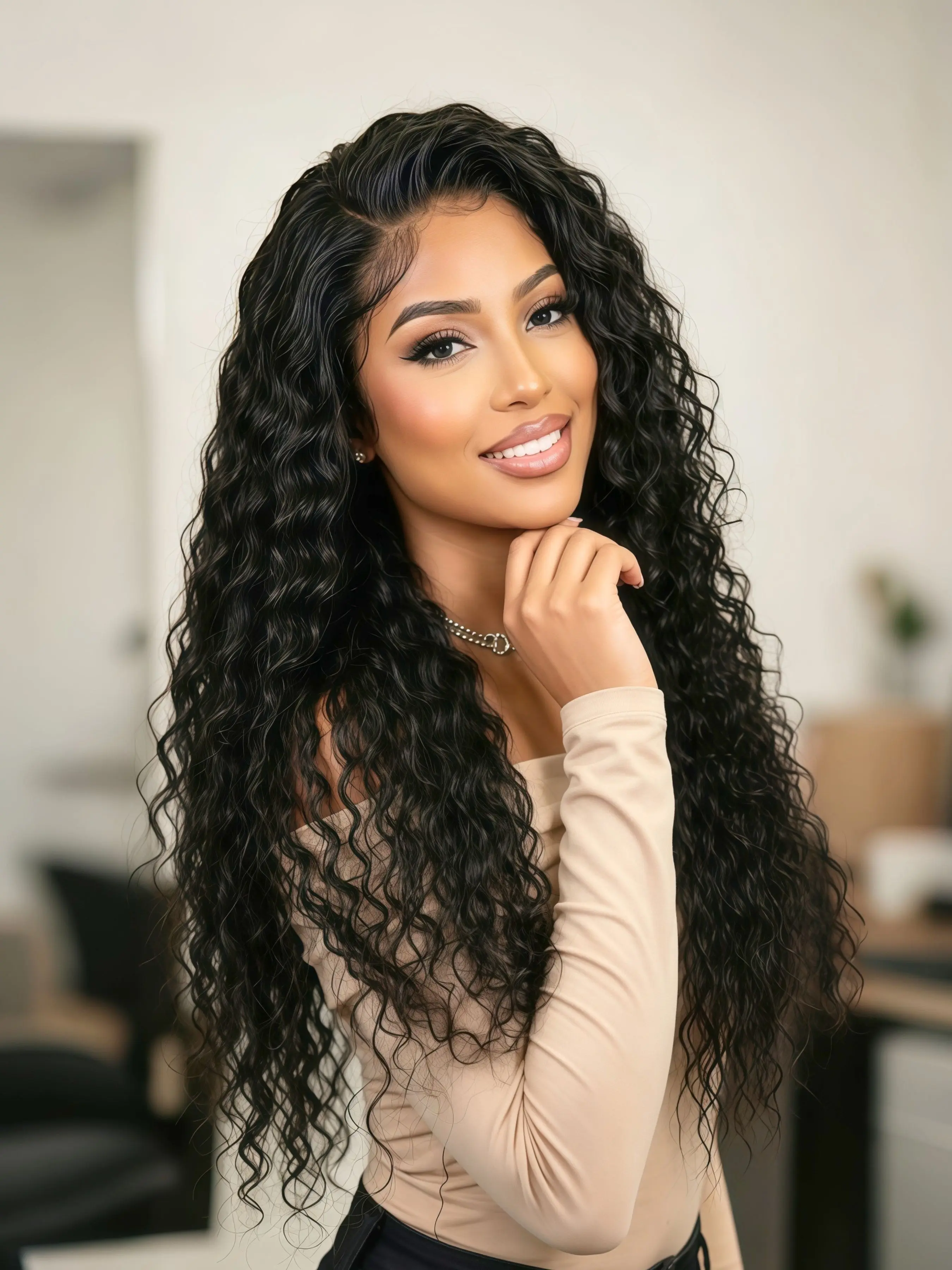 Black Deep Wave Lace Front Wig 13x4 Free Part HD Transparent Lace Frontal Wigs Pre Plucked Natural Hairline Heat Resistant Synthetic Deep Wave Wig for Women Daily Wear 28 Inch
