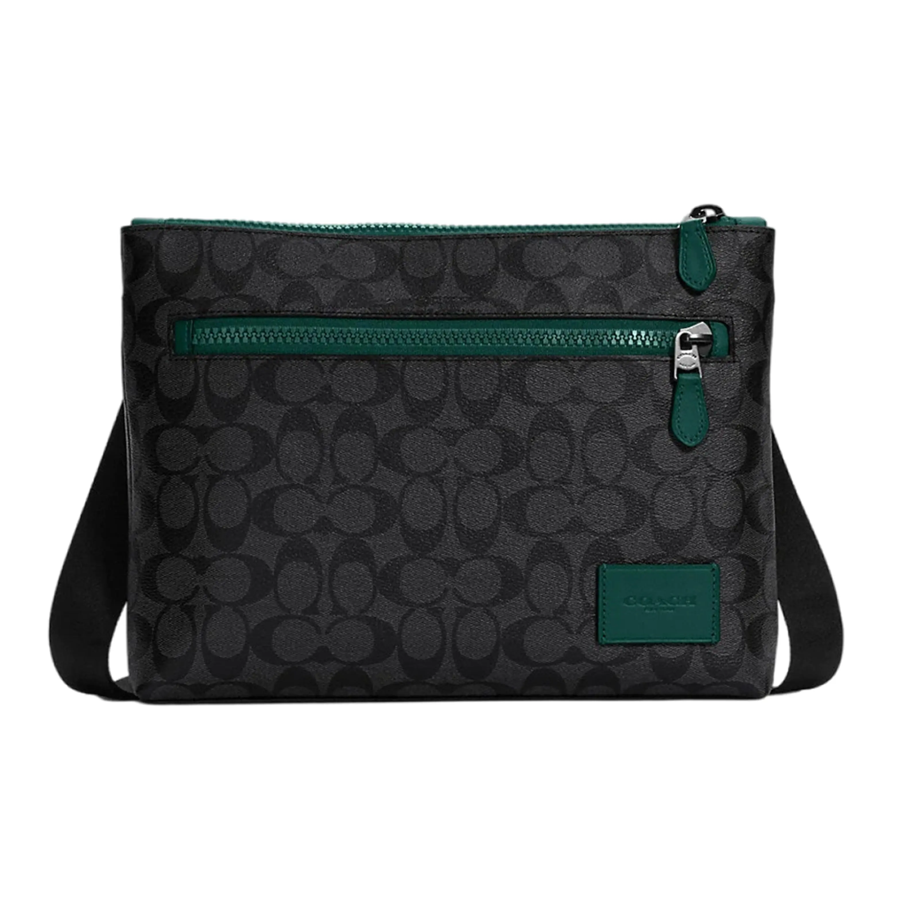COACH Coach Carrier 32 Classic Zip Crossbody Briefcase for Men – Canvas and Leather in Black Monogram with Green Accents