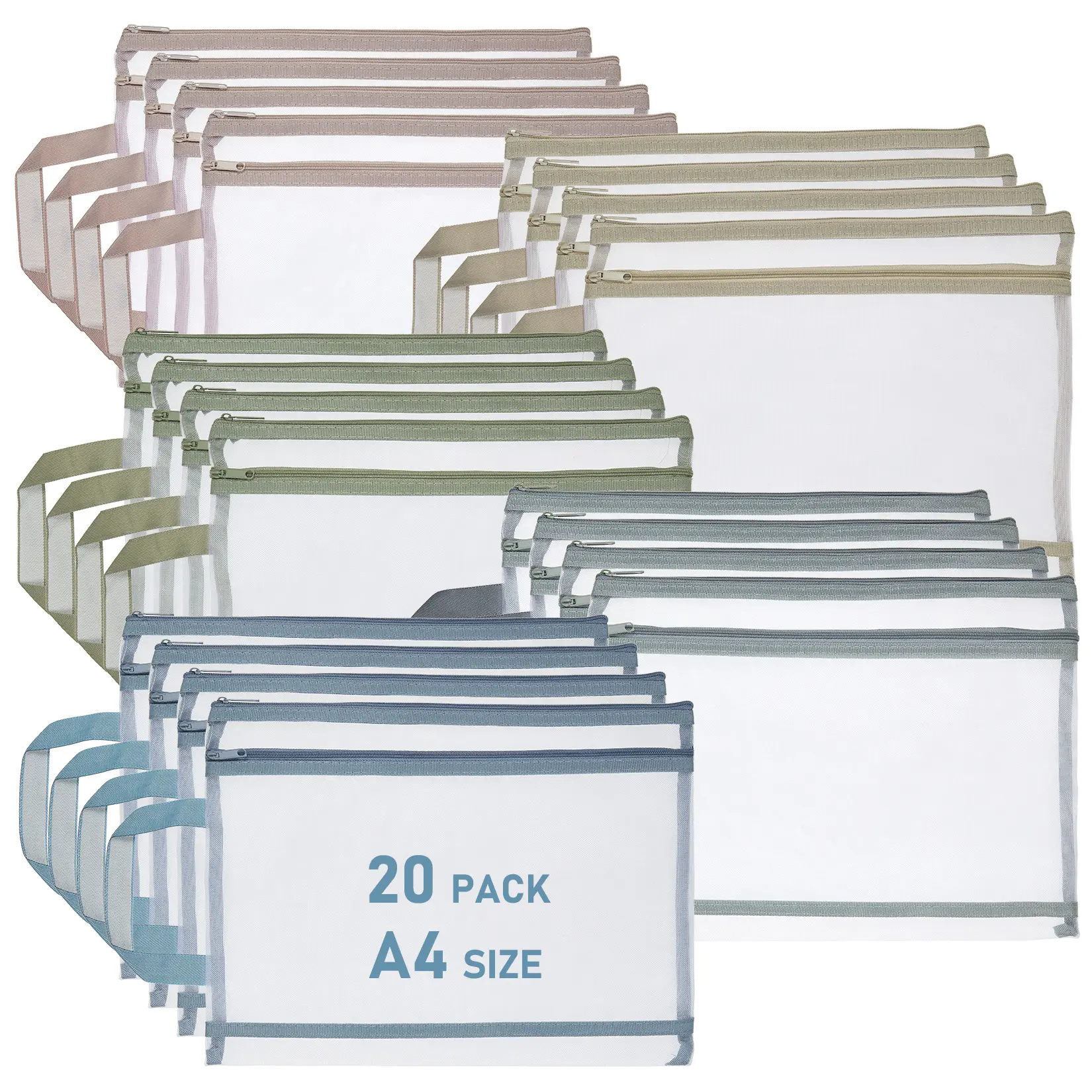 20 Pack Durable Nylon Mesh Zipper File Bags with Handles – Document Organizers – Transparent, muted Colors– Zippered Storage for Paper & Stationery