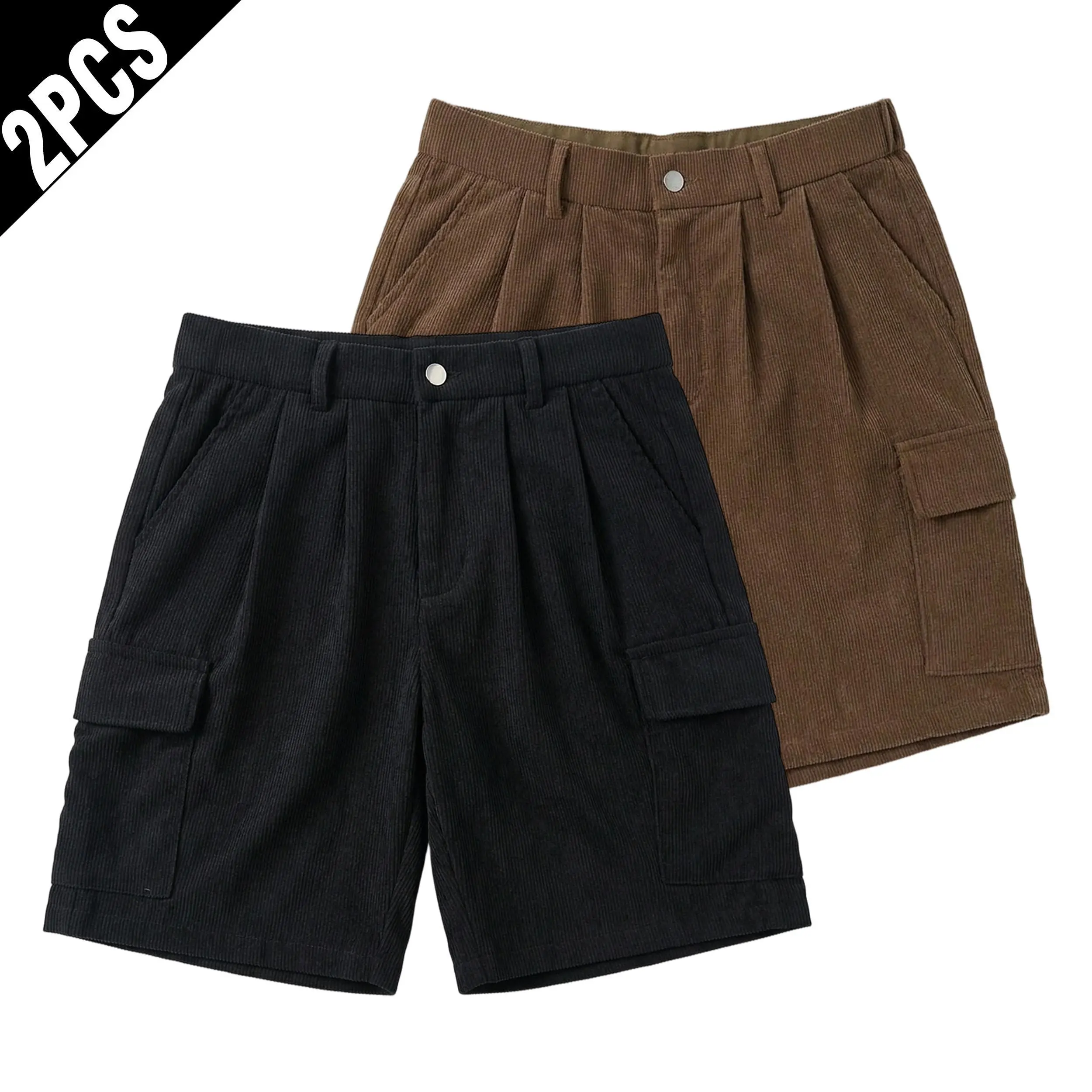 2 Pack Men High Waist Pleated Corduroy Cargo Shorts, Button Closure Side Flap Pockets Loose Fit Vintage Casual Work Summer Shorts Multipack men's casual cargo short outdoor fitness active indoor workout casual short sport daily style lounge athletic