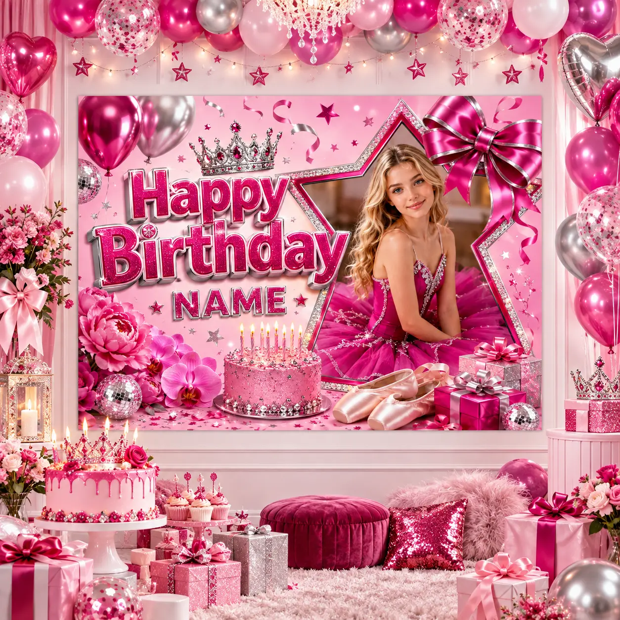 Custom Name & Photo Polyester Hangable Princess Photo Festive Backdrops & Banners, Hot Pink Ballerina-Themed Decor with Bow, Crown, Roses for Glam Ballet Party Accent