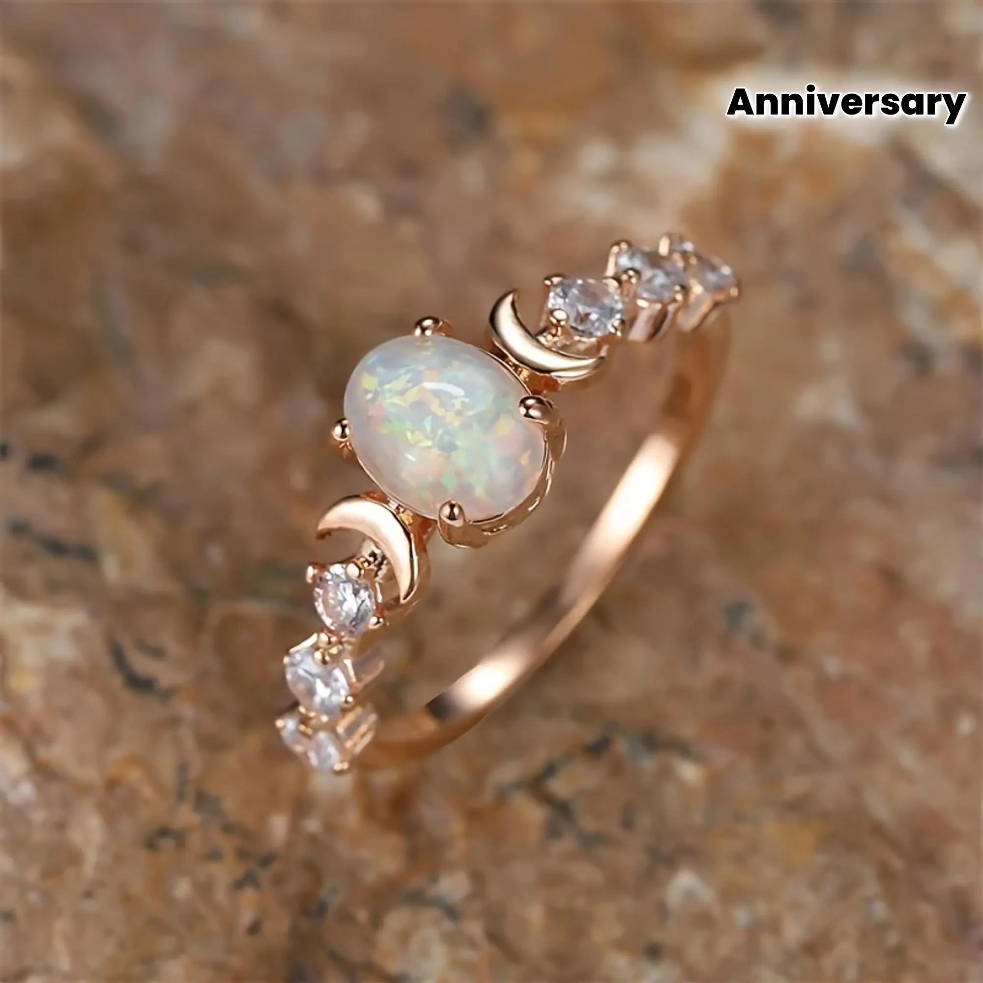 Bohemian Vintage Rose Golden-Tone Star and Moon Ring with Synthetic Cubic Zirconia, Oval Copper Engagement Wedding Band for Daily Wear, Valentine's Day Birthday Anniversary Party Gift, Bohemian Style, Ladies