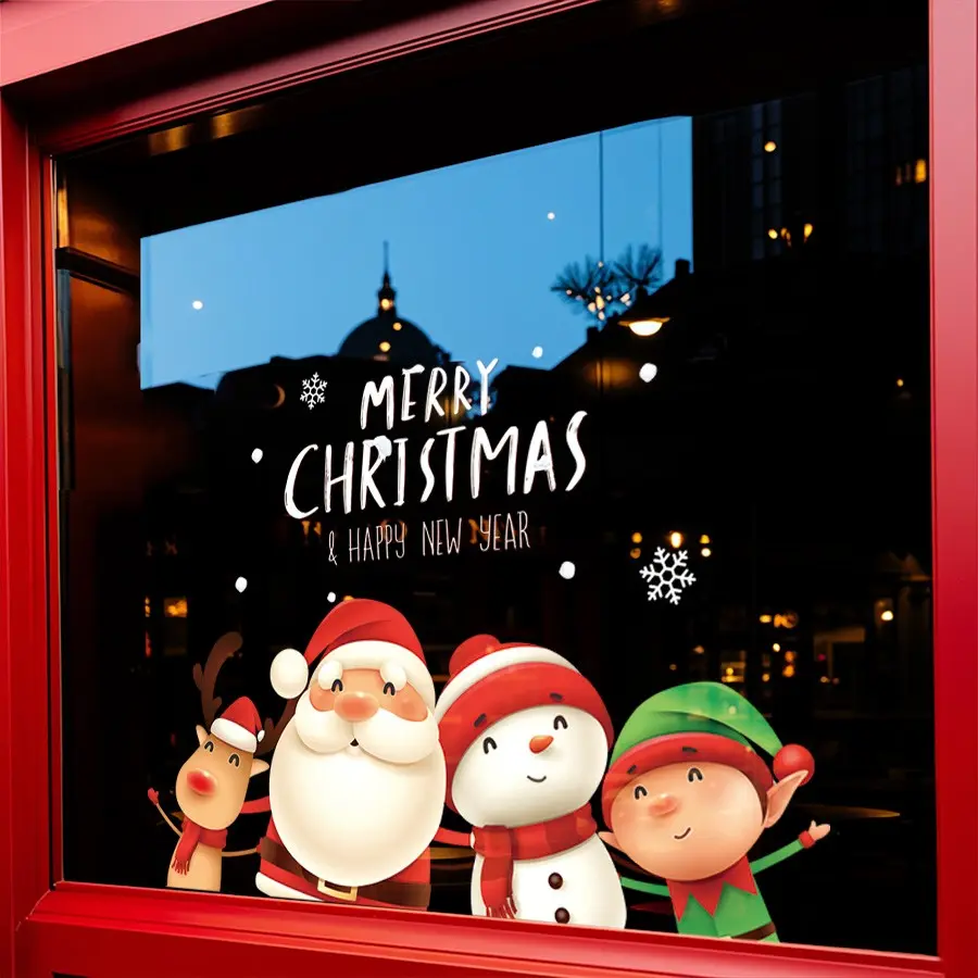 1 45×60cm Christmas electrostatic window sticker, cute Santa Claus snowman Elk Elk combination, PVC electrostatic adsorption, holiday home shop decoration removable glue-free Christmas and New Year window decoration.