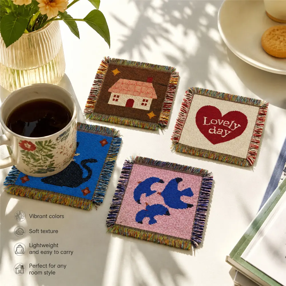 Warm Healing Pastoral Cartoon Woven Cup Mats, Fringe Table Decor Coasters, Woven Patterns Of Black Cat Cottage Heart And Flying Birds, Creative Atmosphere Table Ornaments For Indoor Desktops And Outdoor Picnic Daily Space Soft Decoration