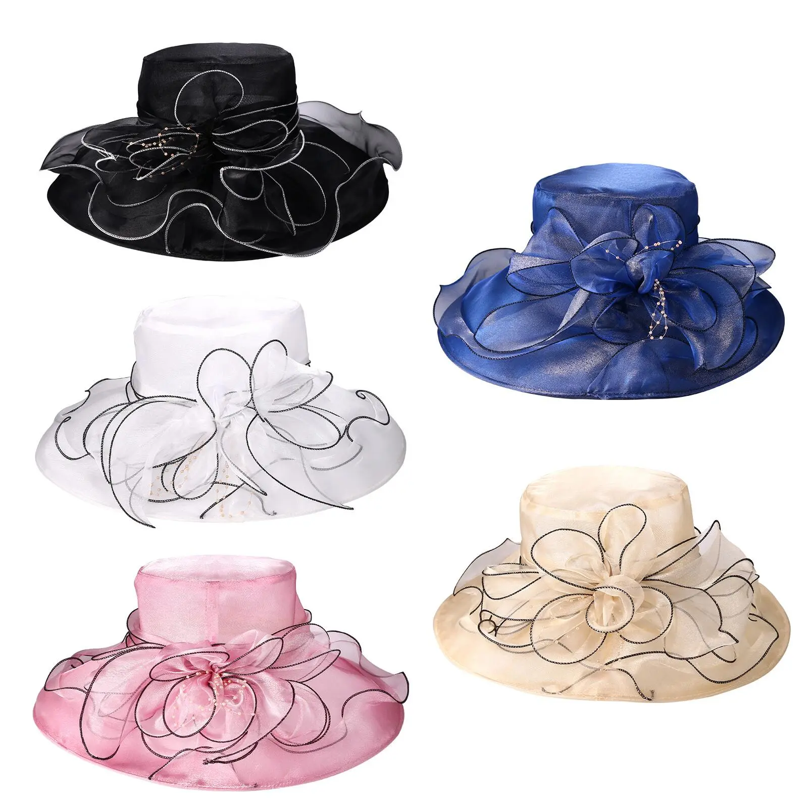 Women's Organza Fascinator Hat, Elegant Wide Brim Floral Ruffle Design for Church & Kentucky Derby, Breathable Summer Accessory Hat, Breathable Hat