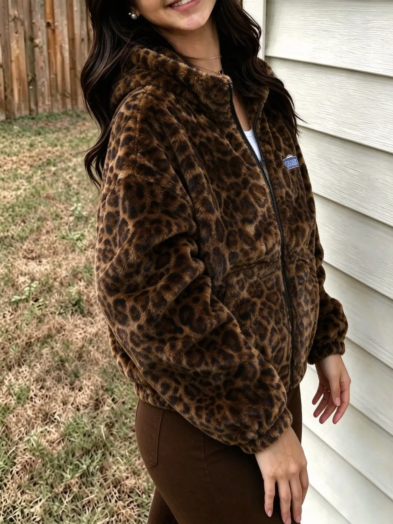 Women's Leopard Print Hooded Fleece Jacket, American Vintage Style, Full Zipper, Embroidered Logo, Thick Warm Loose Short Coat, Fall Winter