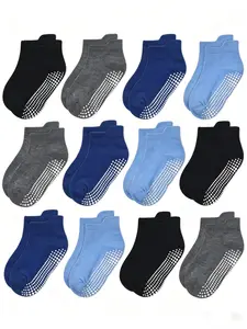 12 Pairs Solid Color Kids Non-Slip Socks, Trendy Casual Boat Socks, Soft Comfortable Breathable, Suitable for Ages 0-10, All Seasons