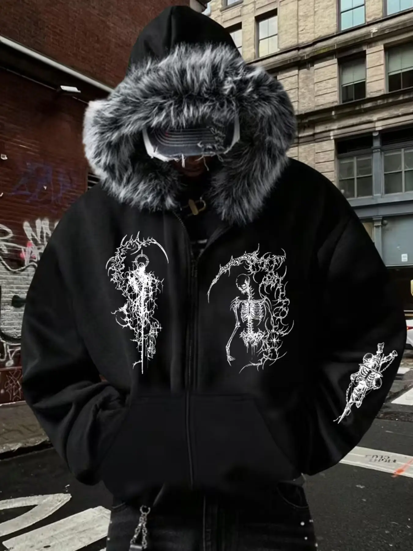 Men's Dark God Skull Faux Fur Lined Zipper Hoodie, Thorny Skull Print, Oversized Street Style, Casual, Loose-Fit Cultural Open Jacket