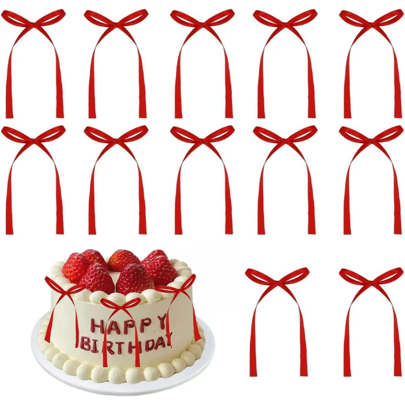 20 PCS Red Bow Cupcake Toppers, Ribbon Bowknot Cake Decorations, Coquette Decor for High Footed Cup Balloon Wall, Bridal Wedding Baby Shower Party Dessert Supplies