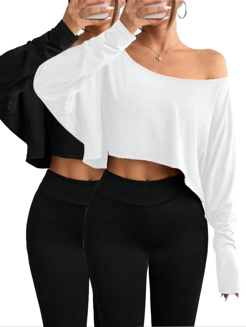 Women's Solid Off Shoulder Loose Tee, Casual Long Sleeve Crop Top for Daily Holiday Outdoor Wear, Everyday Ladies Clothes for All Seasons Women's Solid Off Shoulder Loose Tee, Casual Long Sleeve Crop Top for Daily Holiday Outdoor Wear, Everyday Ladies Clothes for All Seasons