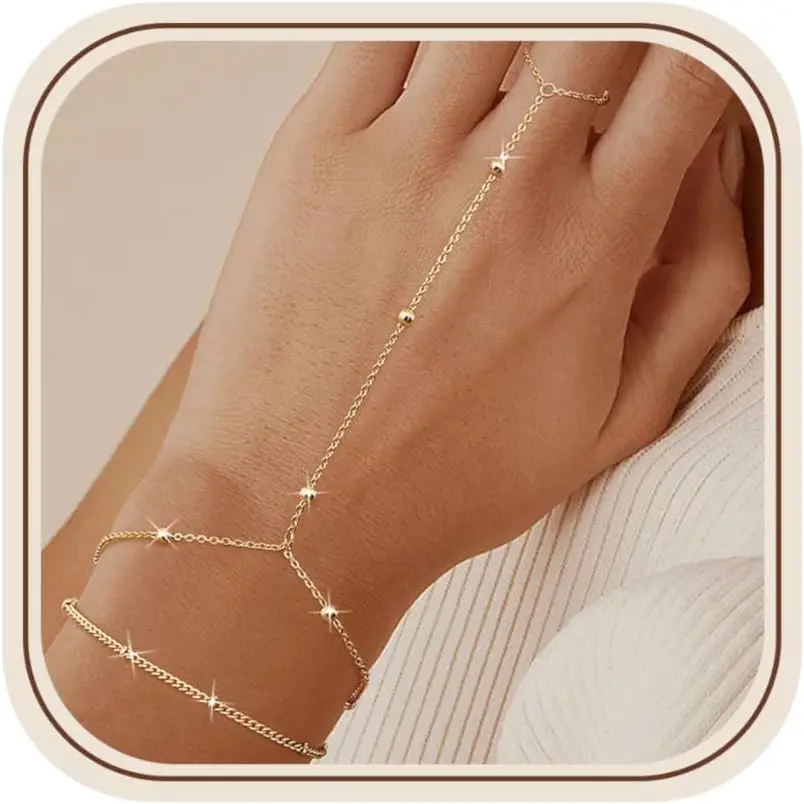 Hand Chain Bracelets for Women | Trendy 2 count Adjustable Finger Ring Bracelet Stack Dainty 14K  Plated CZ Layered Beaded Hand Chains  Gifts