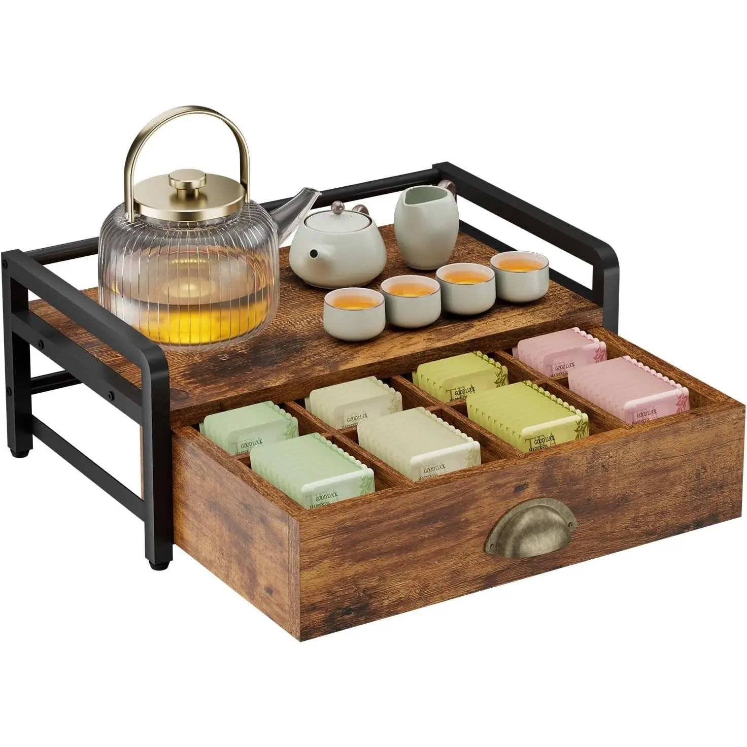 Tea Bag Organizer,Tea Box with Drawer,Brown TCJ004H | Wood Tea Bag Holder for Countertop 2 Tier Tea Station Organizer with Metal Frame for Kitchen Cabinet Coffee Station Office