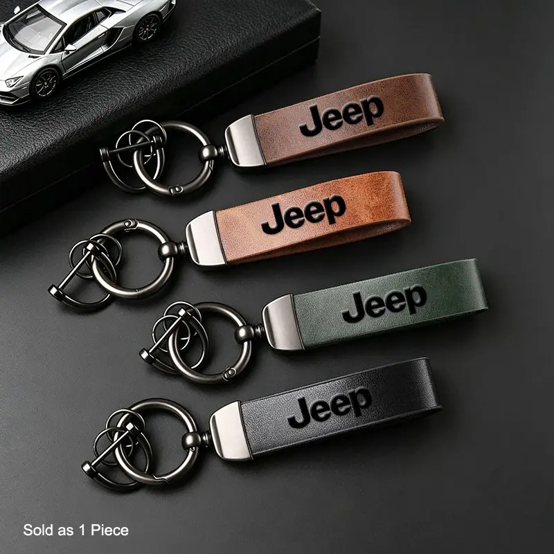 Leather Car Keychain Auto Emblem Zinc Alloy Keyring For Jeep Renegade Compass Grand Cherokee Wrangler jk Gladiator Patriot Liberty Commander Trailhawk
