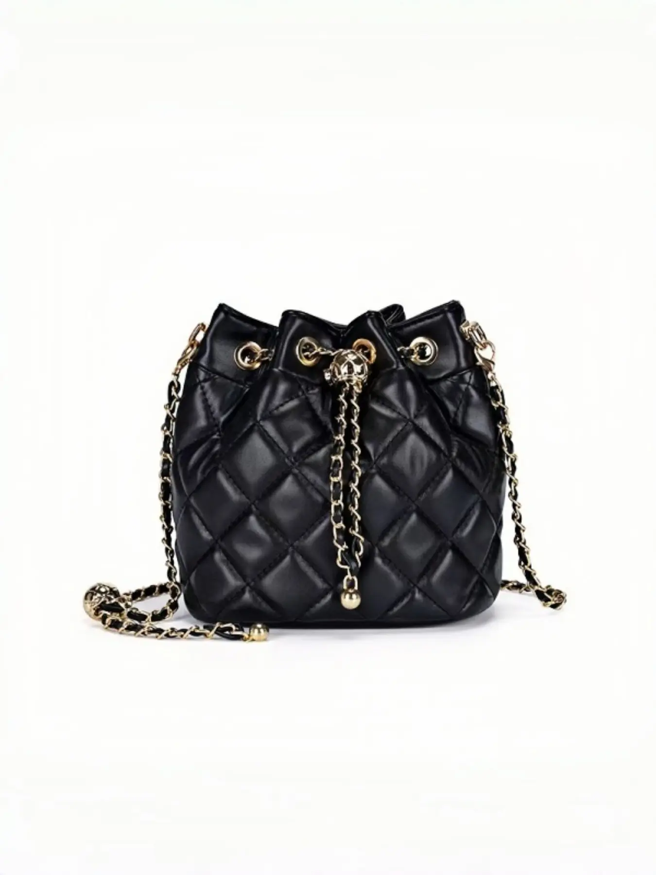 Chic Herringbone Bucket Bag for Women, Drawstring Crossbody with Chain Bag, Versatile Commute Date Bag, Elegant Herringbone Chain Bucket Bag