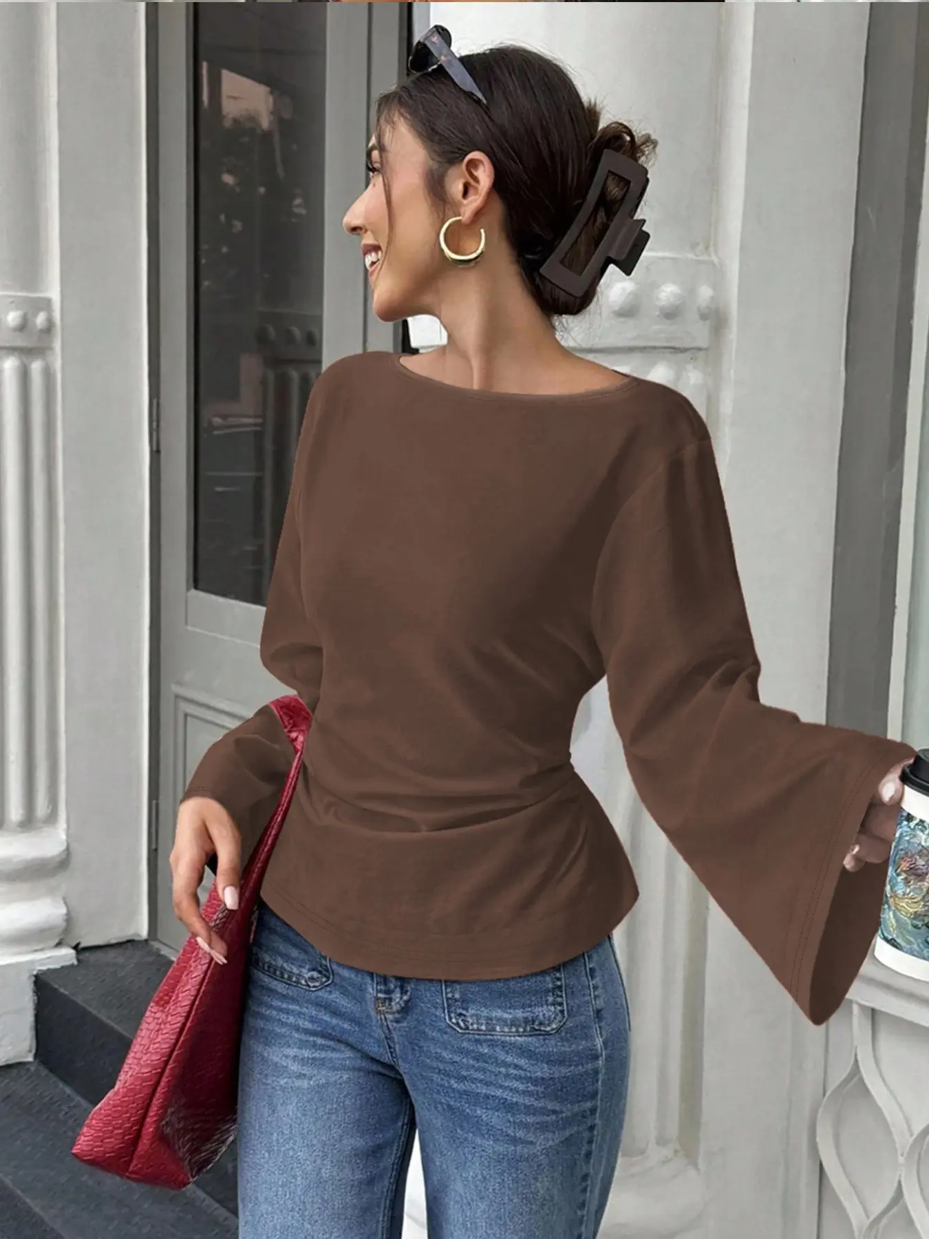 Women's Round Neck Flared Long Sleeve Top, Casual Pleated Waist Slim Fit Shirt, Elegant Solid Color T-Shirt, Basic Everyday Daily Wear Upper Garment Blouse