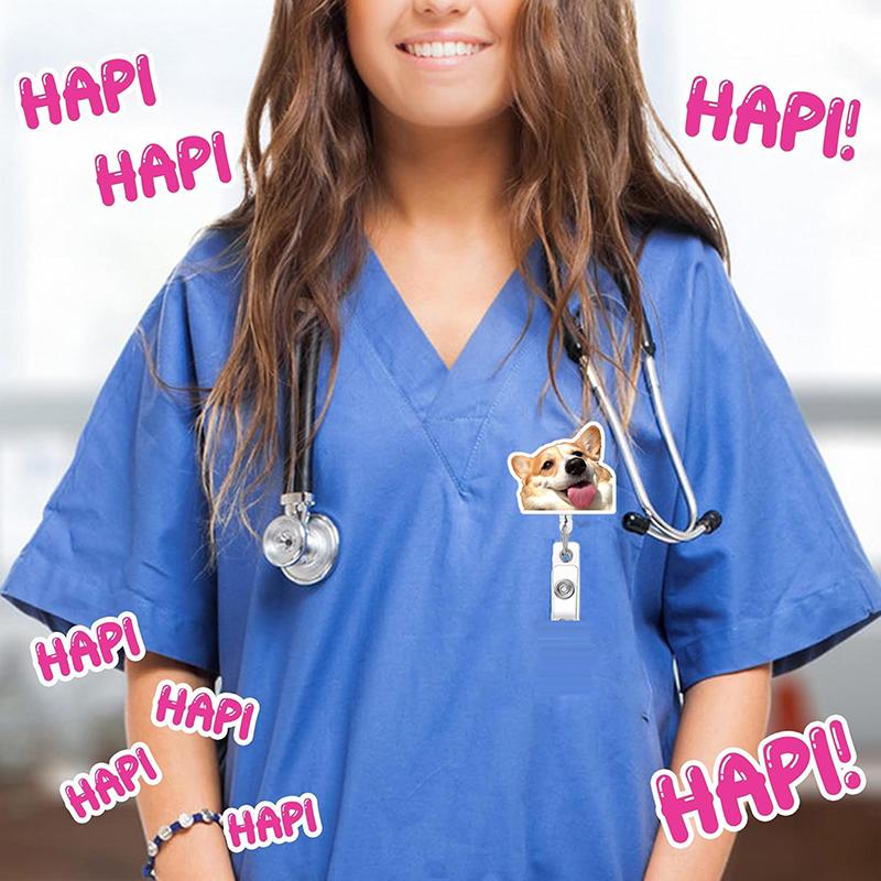 4-piece acrylic dog emoji retractable work ID badge holder set, suitable for nurses and medical staff, retractable rotating badge reel, doctor and nurse keychain ID pull reel