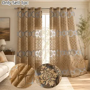 1pc Gold Damask Sheer Curtain for Living Room, Luxurious Top-Hole Embroidered Drapes, Light Filtering for Sliding Glass Doors, Home Decor Enhancer