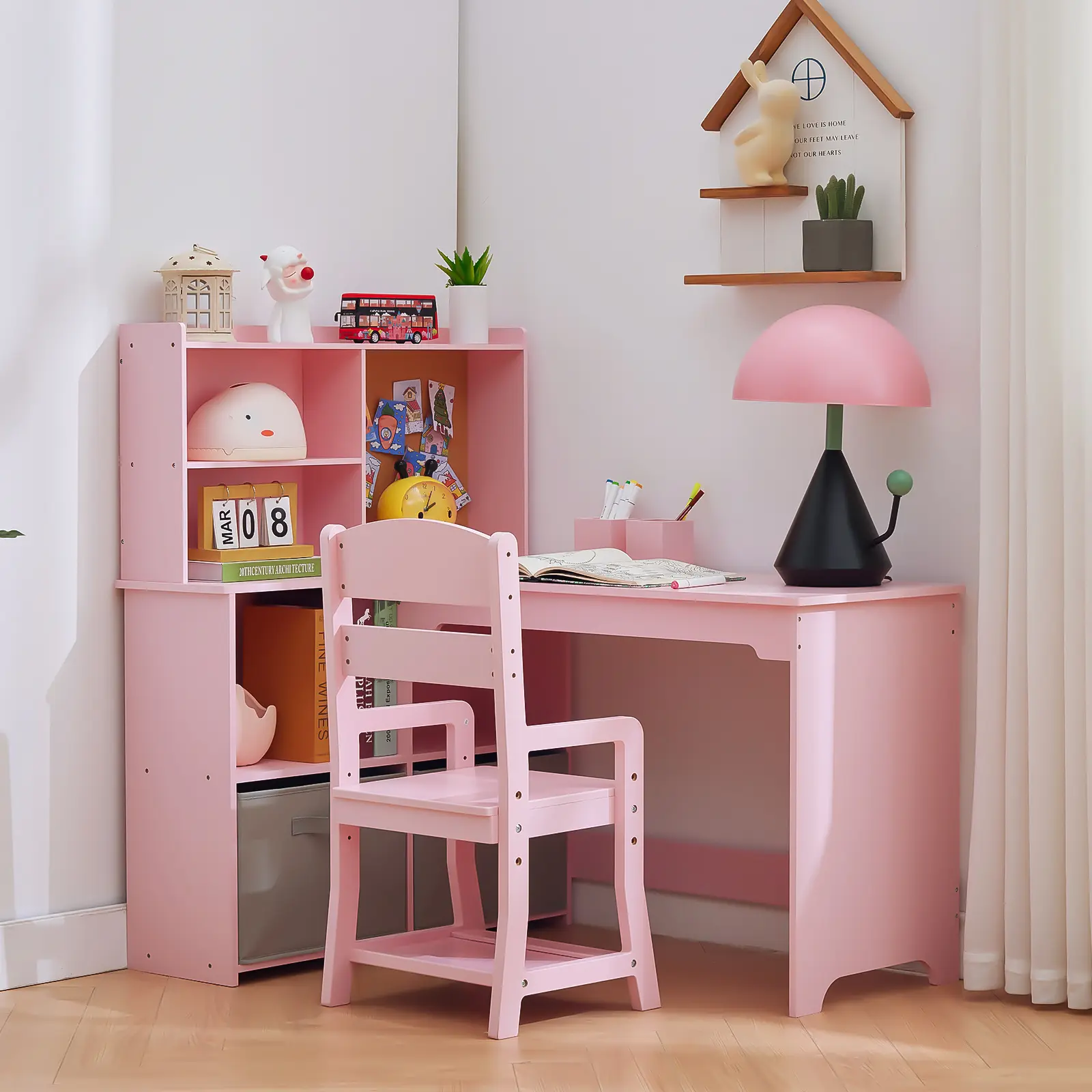 L-Shaped Kids Desk & Chair Set, Space-Saving Corner Study Table - Bookshelf, Storage Cabinet, Fabric Drawer, Open Shelves & Bulletin Board - Pink