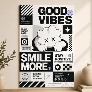 Good Vibes Black White Minimalist Canvas Poster, Cute Cloud Character Wall Art, Positive Quote Print for Bedroom, Living Room, Office, Modern Aesthetic Home Decor Gift,wall decor,poster.