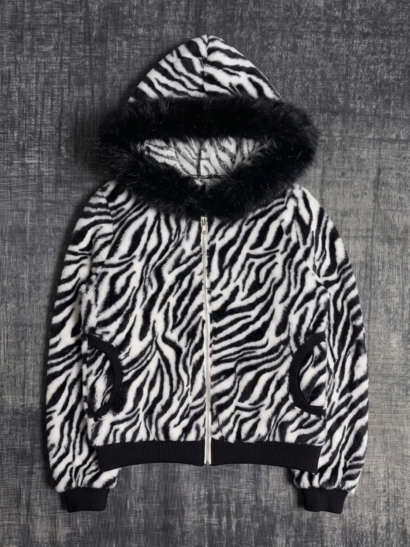 Women's Zebra Print Zipper Hooded Jacket, Oversized Gothic Streetwear Coat, Warm Outerwear with Trimmed Hood, Trendy Winter Fashion, Loose Hoodie Coat