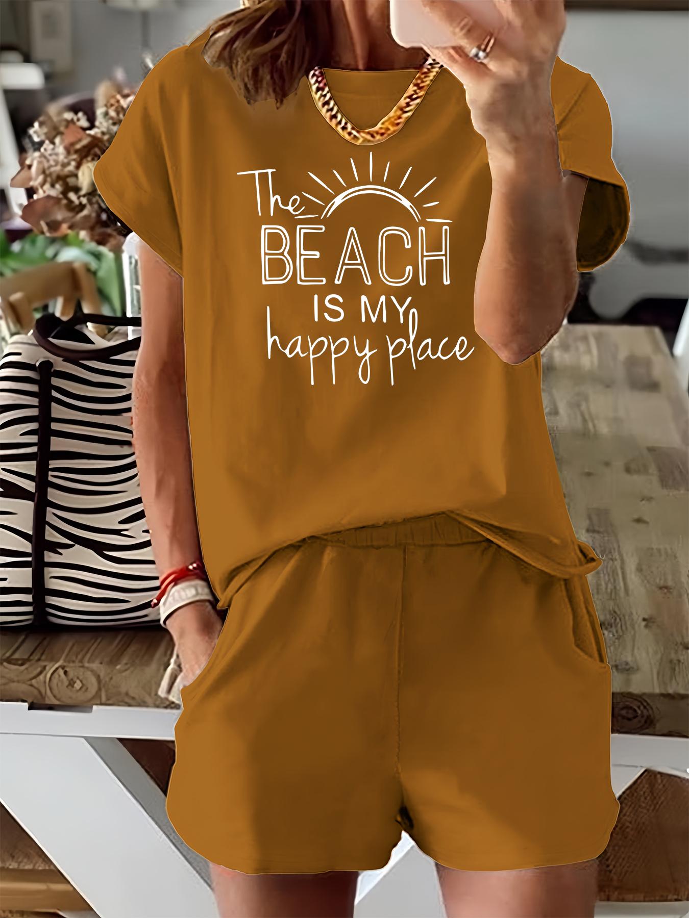 Two-Piece Set Women's Letter Sun Print Short Sleeve Tee & Elastic Waist Shorts, Casual Fitted Round Neck T-shirt & Pocket Shorts for Summer, Ladies Clothes for Beach Vacation