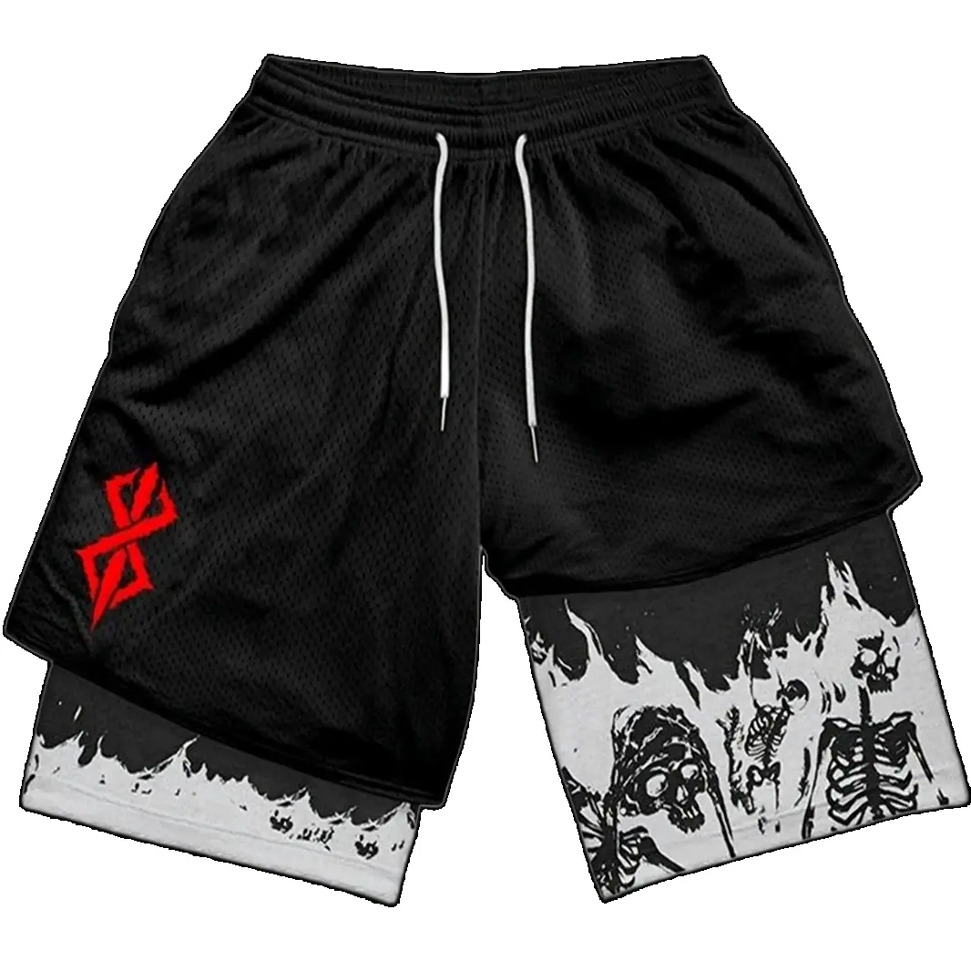 Berserk Sacrifice Men's 2-in-1 Quick-Dry Running Gym Shorts, Anime Graphic Bilayer Compression Liner Athletic Workout Shorts, Breathable Lightweight Y2K Grunge Streetwear Activewear for Fitness, Basketball, Training, Outdoor, Summer Gift for Anime Fans
