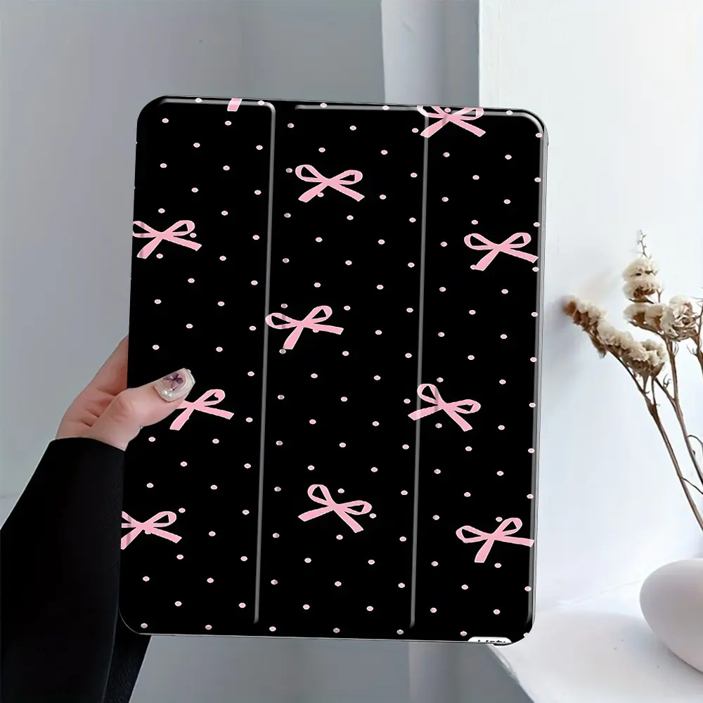 Black & Pink Bow Polka Dot Tri-Fold Stand iPad Tablet Case, Transparent Acrylic Hard Back, Pencil and Charger Slots, Fits iPad 7.9/8.3/10.2/10.5/10.9/11/12.9, Mini Pro Air, Slim Protective Shockproof Cover, Perfect Gift for Coquette & Trendy Girls