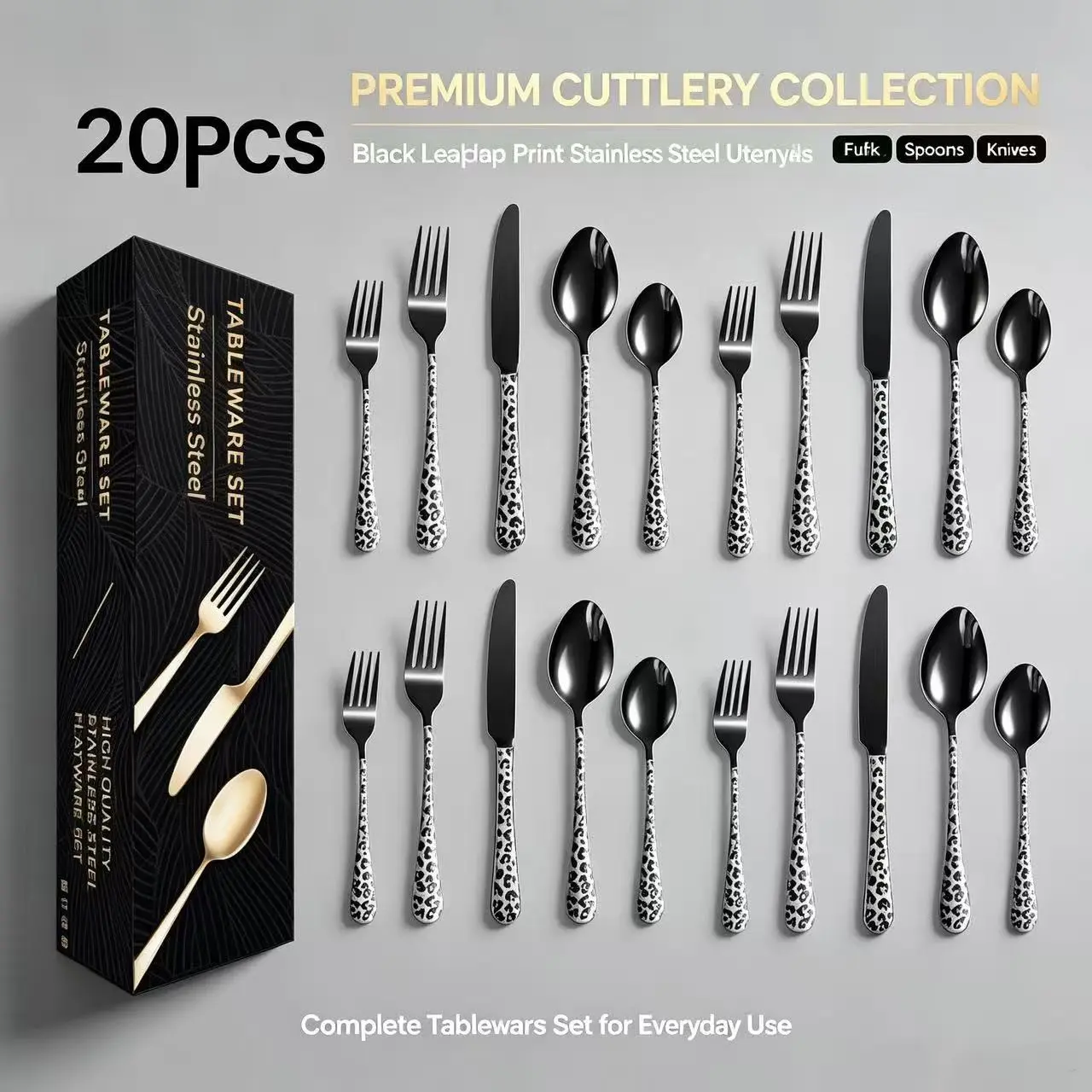 Leopard Print Handle Stainless Steel Cutlery Tableware Set, Fork Spoon Knife, Home Western Dining, Party Gift Set, 5-60 Pieces